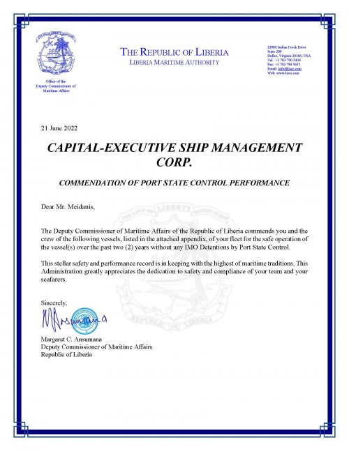 Capital-Executive Ship Management Corp. commended by Liberia Flag for safety and performance record.